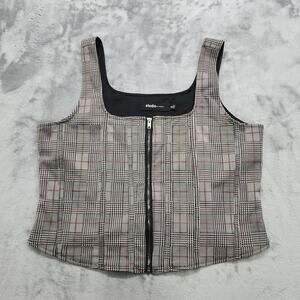 Torrid Studio Top Womens 0 12/L Black Red White Plaid Square Neck Zip Up Corset